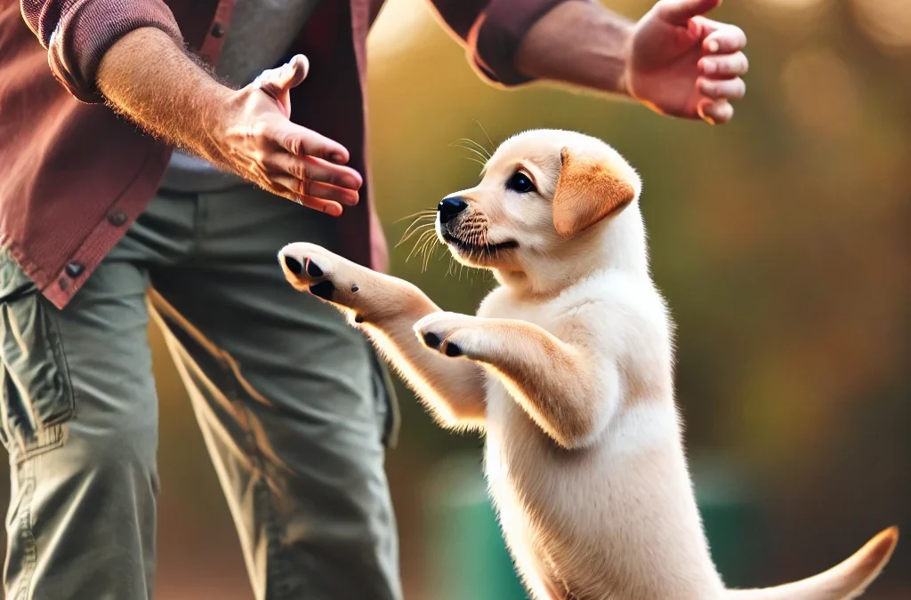Labrador puppy jumping up on the legs of a person